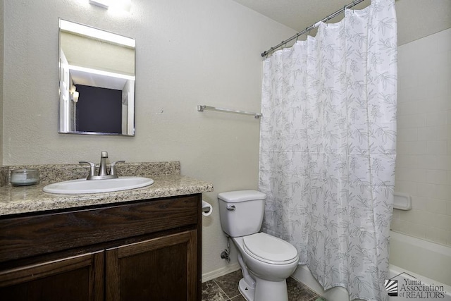 full bathroom with tile patterned floors, toilet, vanity, and shower / bath combination with curtain