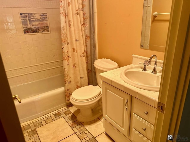 full bathroom with toilet, shower / tub combo, vanity, and tile patterned floors