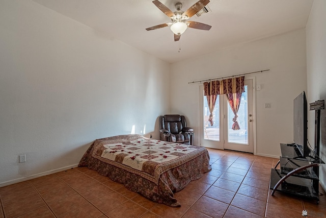 bedroom with access to exterior, tile patterned floors, and ceiling fan