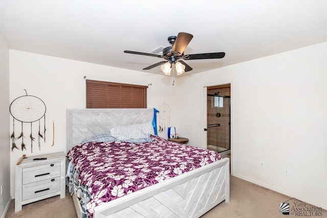 bedroom with light carpet, ceiling fan, connected bathroom, and baseboards