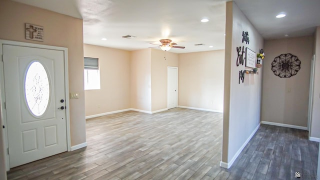 entryway featuring ceiling fan and hardwood / wood-style floors