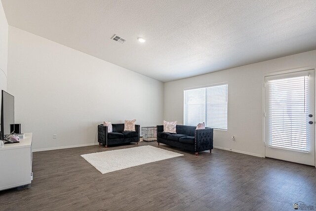 sitting room featuring a healthy amount of sunlight, dark hardwood / wood-style flooring, lofted ceiling, and a textured ceiling