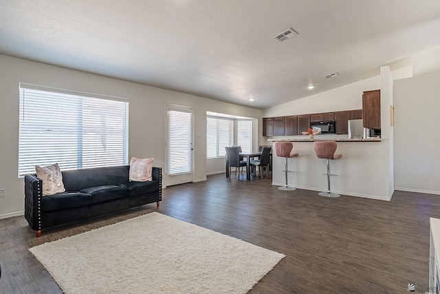 living room with a textured ceiling, dark hardwood / wood-style flooring, and lofted ceiling