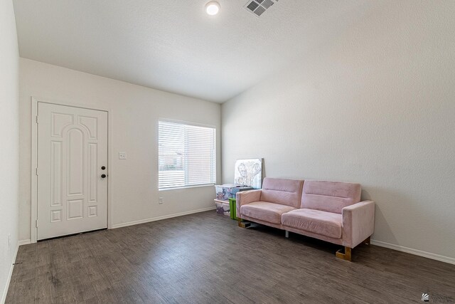 living area with dark hardwood / wood-style floors and lofted ceiling