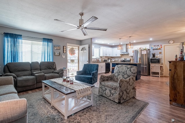 living room with ceiling fan, sink, wood-type flooring, and a textured ceiling