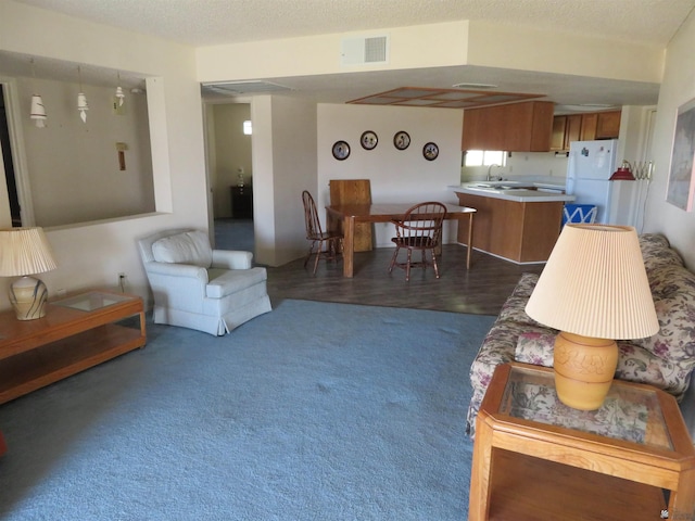 carpeted living room with visible vents, a textured ceiling, and a sink