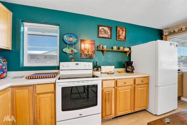 kitchen featuring white appliances, light hardwood / wood-style floors, and light brown cabinets