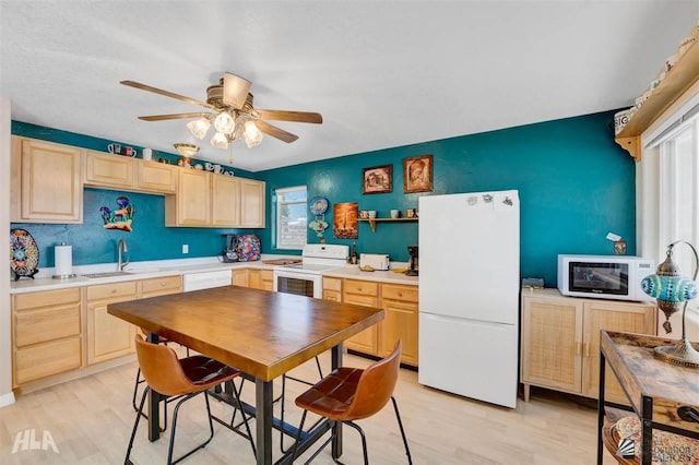 kitchen featuring sink, white appliances, light hardwood / wood-style floors, and light brown cabinets