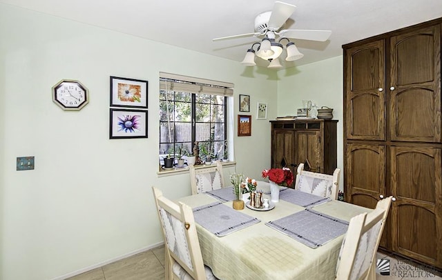 tiled dining space featuring ceiling fan