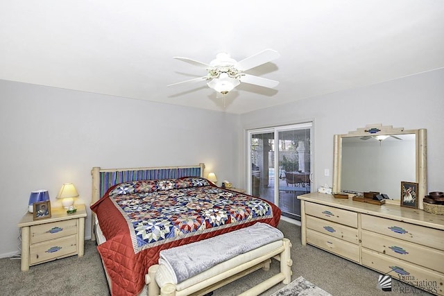 bedroom with access to exterior, carpet, and ceiling fan