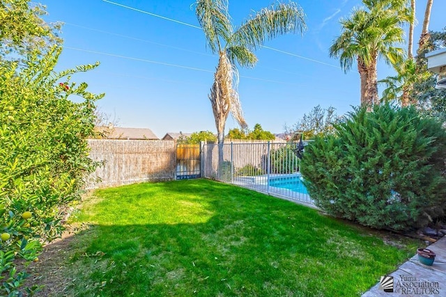 view of yard with a fenced in pool