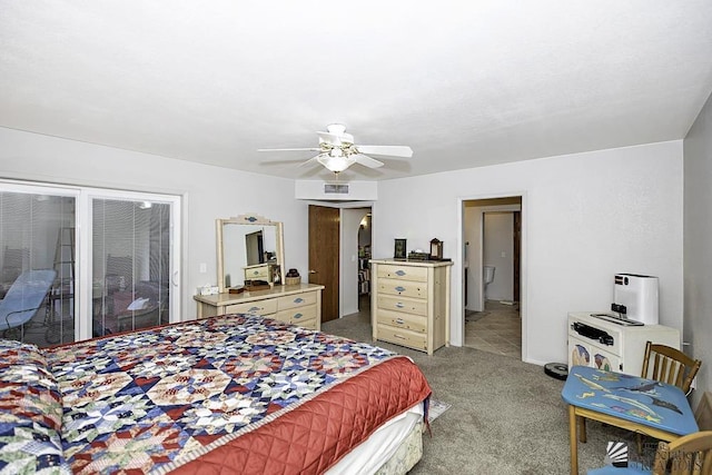 carpeted bedroom with access to exterior and ceiling fan