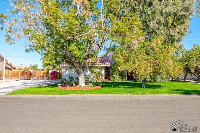 view of property hidden behind natural elements featuring a front yard