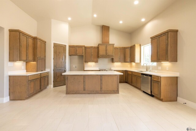 kitchen featuring stainless steel dishwasher, high vaulted ceiling, sink, and a kitchen island