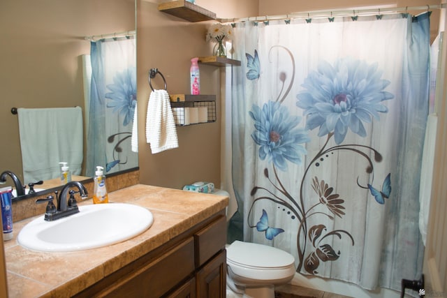 full bathroom featuring vanity, toilet, and a shower with curtain