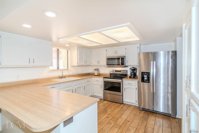 kitchen featuring a peninsula, stainless steel appliances, light wood-style floors, white cabinetry, and a sink