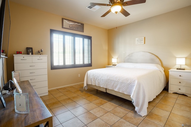 bedroom with light tile patterned floors, visible vents, ceiling fan, and baseboards