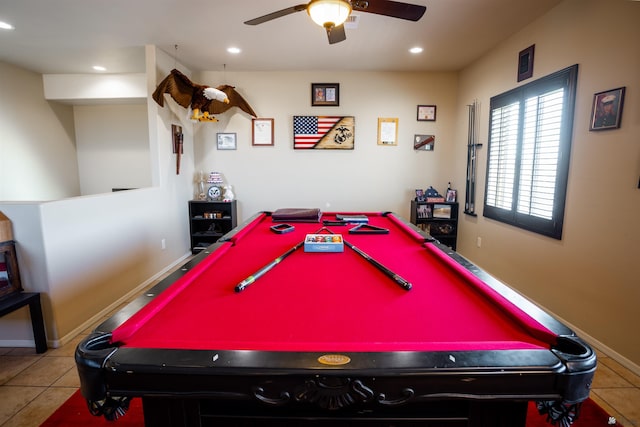 rec room with tile patterned flooring, billiards, and ceiling fan