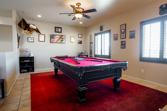 rec room with baseboards, ceiling fan, light tile patterned floors, recessed lighting, and billiards