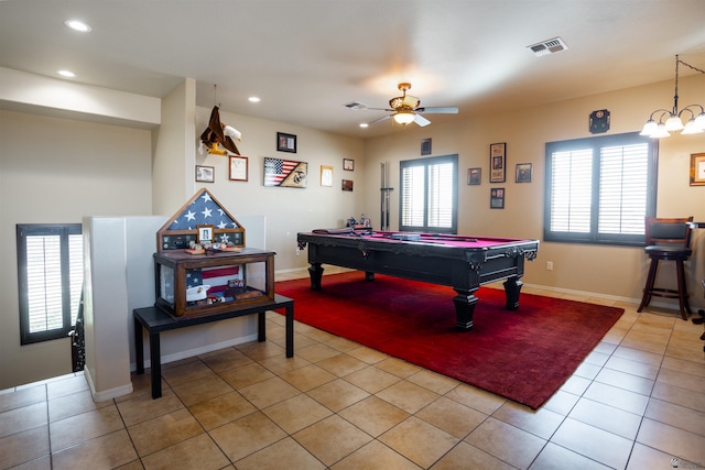 playroom with billiards, light tile patterned floors, a ceiling fan, visible vents, and recessed lighting