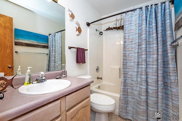 full bathroom with tile patterned flooring, vanity, shower / bath combo, and toilet