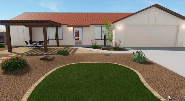 exterior space with a garage and a patio area