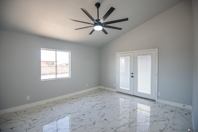 unfurnished room with high vaulted ceiling, ceiling fan, and french doors