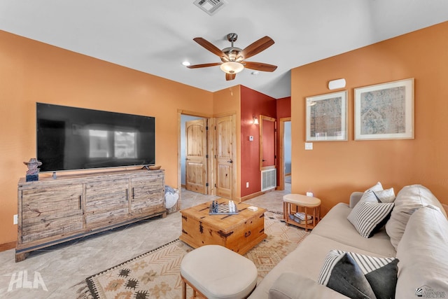 living room featuring ceiling fan