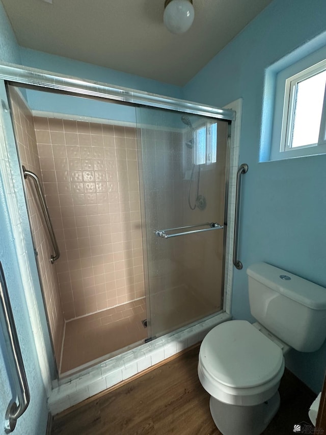 bathroom featuring wood-type flooring, toilet, and a shower with door