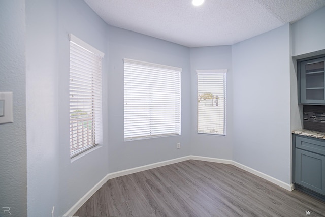 unfurnished dining area featuring a textured ceiling, baseboards, a wealth of natural light, and wood finished floors