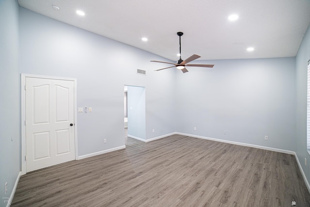 empty room featuring recessed lighting, wood finished floors, visible vents, baseboards, and a ceiling fan