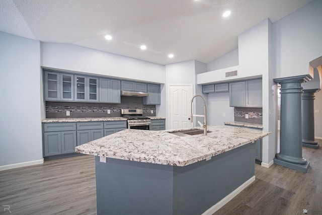 kitchen featuring stainless steel gas stove, wood finished floors, a sink, and an island with sink