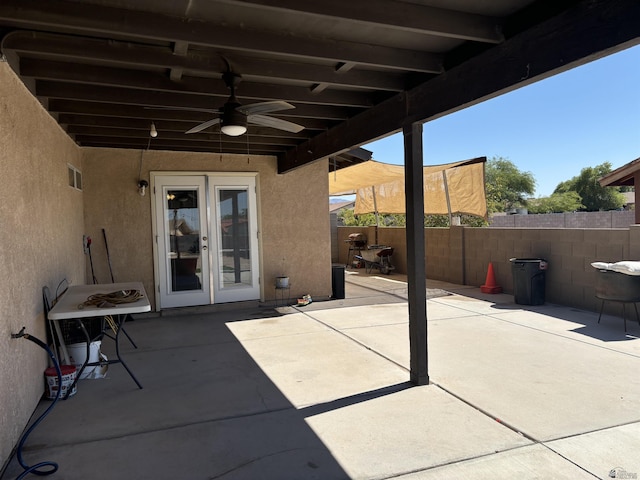 view of patio / terrace with ceiling fan and french doors