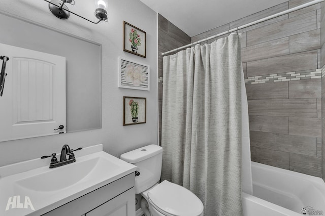 bathroom featuring shower / bath combination with curtain, vanity, and toilet