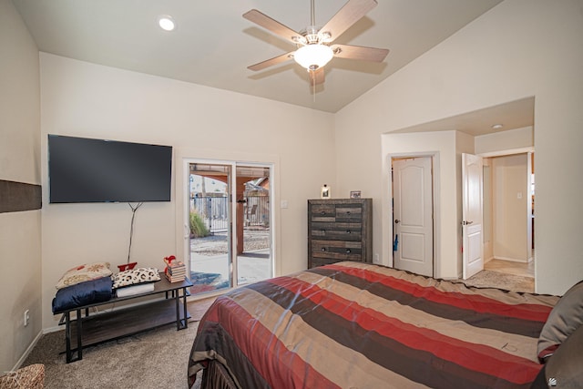 bedroom with ceiling fan, carpet floors, access to outside, and lofted ceiling