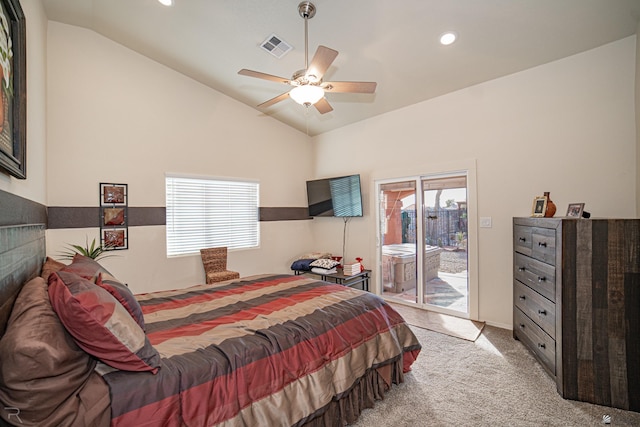 bedroom with ceiling fan, light carpet, access to outside, and vaulted ceiling