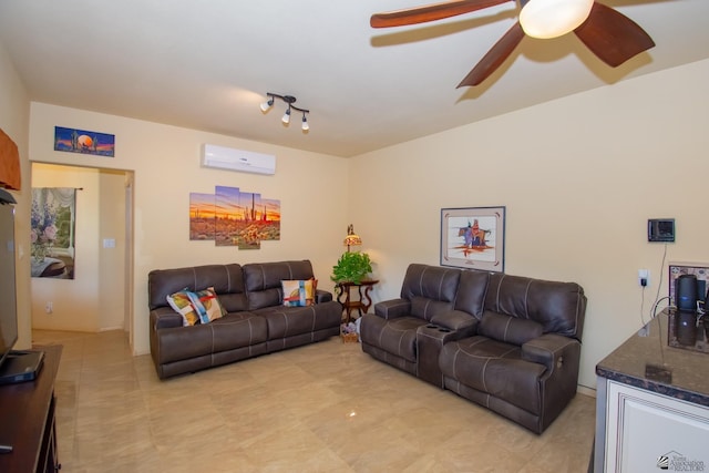 living room featuring a wall mounted air conditioner, track lighting, and ceiling fan