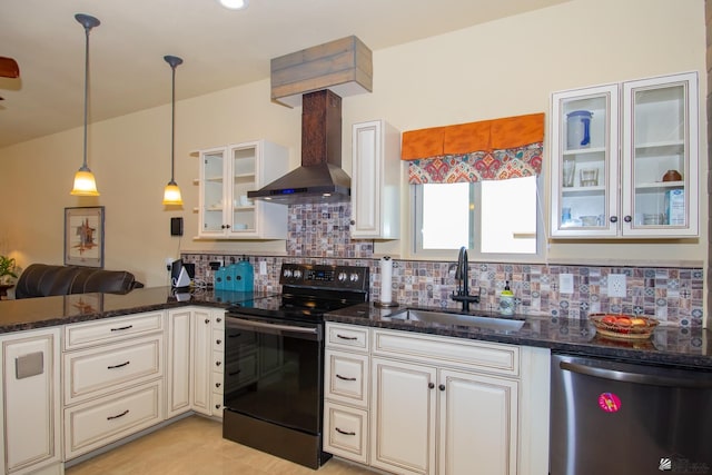 kitchen featuring wall chimney exhaust hood, sink, hanging light fixtures, black / electric stove, and stainless steel dishwasher