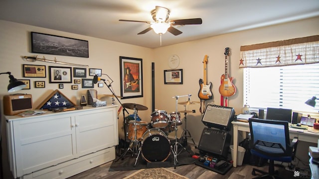 office area featuring dark hardwood / wood-style floors and ceiling fan