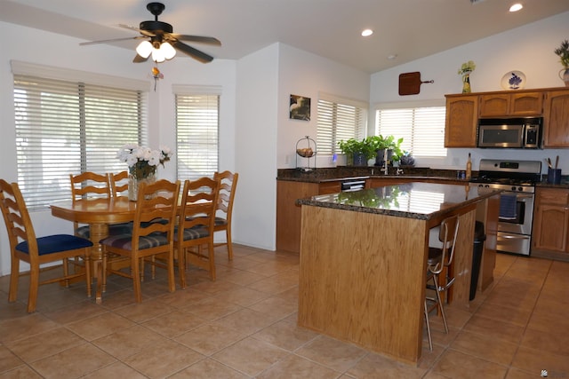 kitchen featuring plenty of natural light, light tile patterned floors, stainless steel appliances, and lofted ceiling