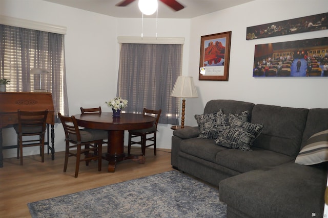 living room with ceiling fan and hardwood / wood-style flooring