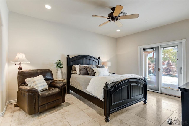 bedroom with light tile patterned floors, access to outside, and ceiling fan