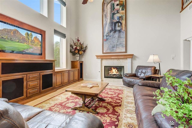 living room with a high ceiling