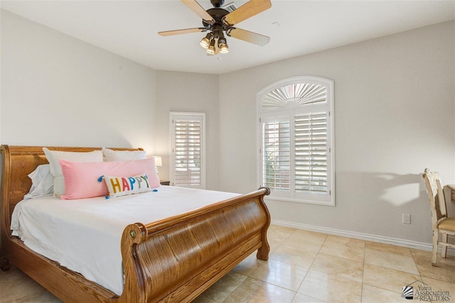 bedroom featuring ceiling fan and light tile patterned floors