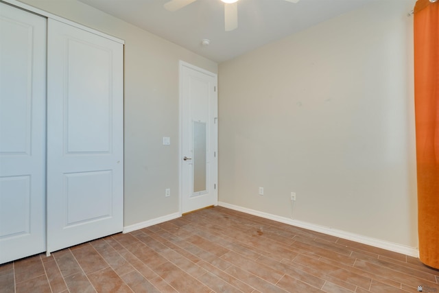 unfurnished bedroom with a closet, ceiling fan, and light hardwood / wood-style floors