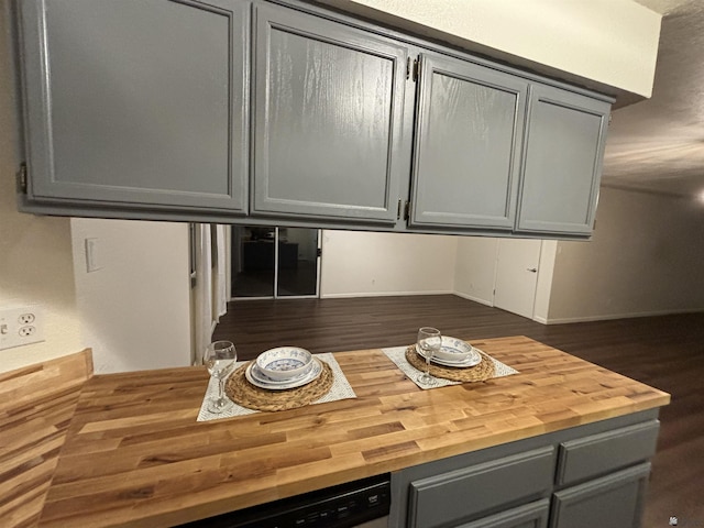 kitchen with gray cabinetry and butcher block counters