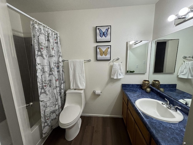 full bathroom with wood-type flooring, vanity, toilet, and shower / bath combination with curtain