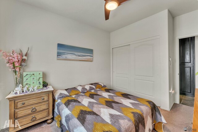 bedroom with carpet, ceiling fan, and a closet