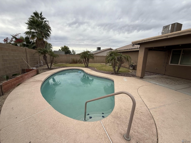 view of swimming pool with a patio and central AC unit