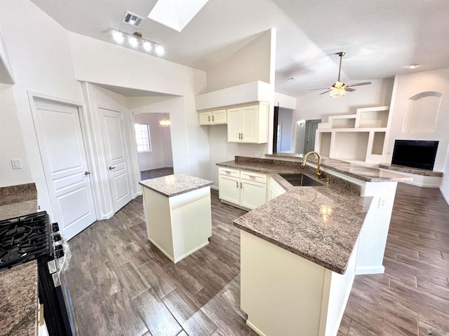 kitchen with sink, a kitchen island, gas stove, stone countertops, and kitchen peninsula